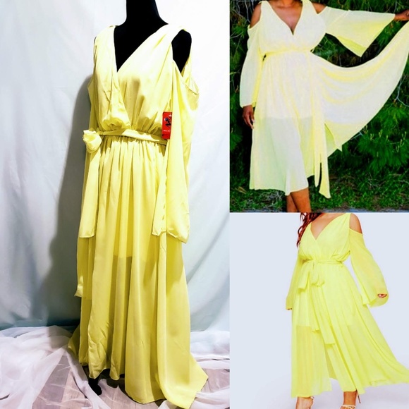 yellow cold shoulder maxi dress